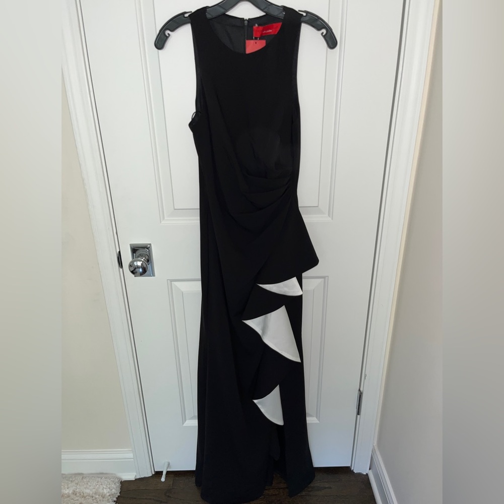 Carmen Marc Valvo black gown with white details. Size 4. NWT